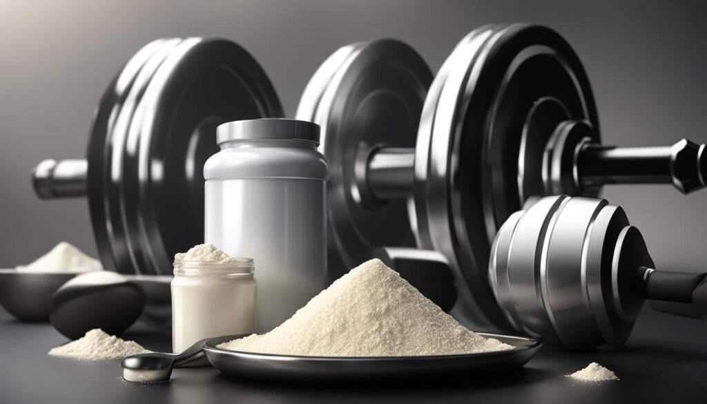 whey protein and dumbbells